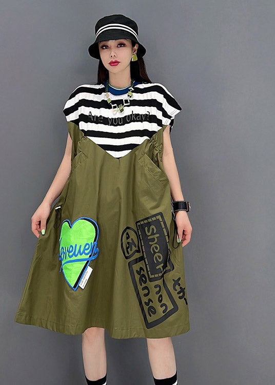 Green O-neck Striped Patchwork Print Pockets Dresses Short Sleeve