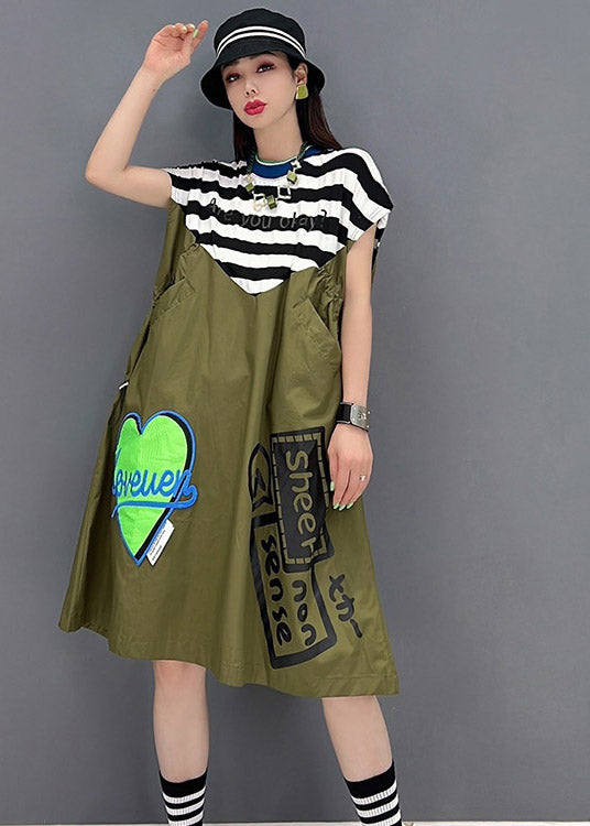 Green O-neck Striped Patchwork Print Pockets Dresses Short Sleeve