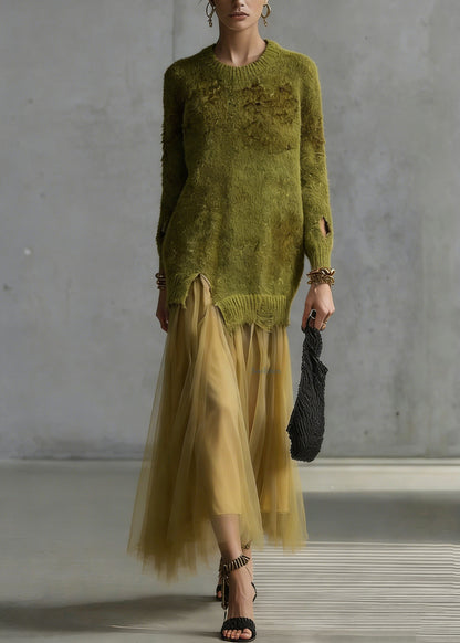 Green O Neck Tulle Patchwork Knit Dresses Spring