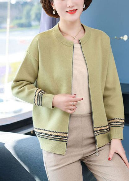 Green O-neck Zip Up Woolen Jackets Long Sleeve