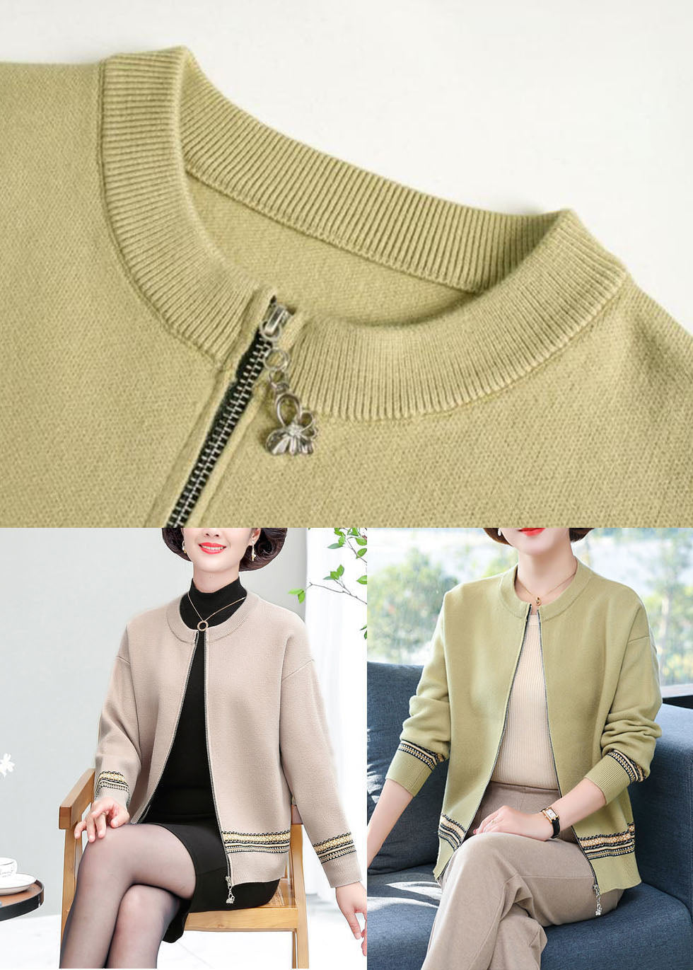 Green O-neck Zip Up Woolen Jackets Long Sleeve