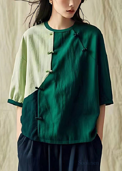 Green Oversized Patchwork Chinese Button Linen Shirt Summer