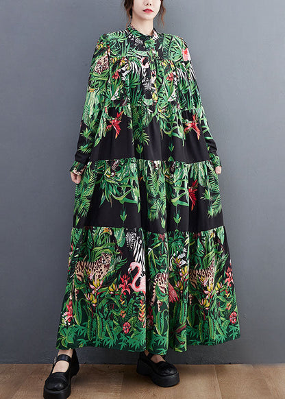 Green Oversized Patchwork Exra Large Hem Cotton Holiday Dress Spring