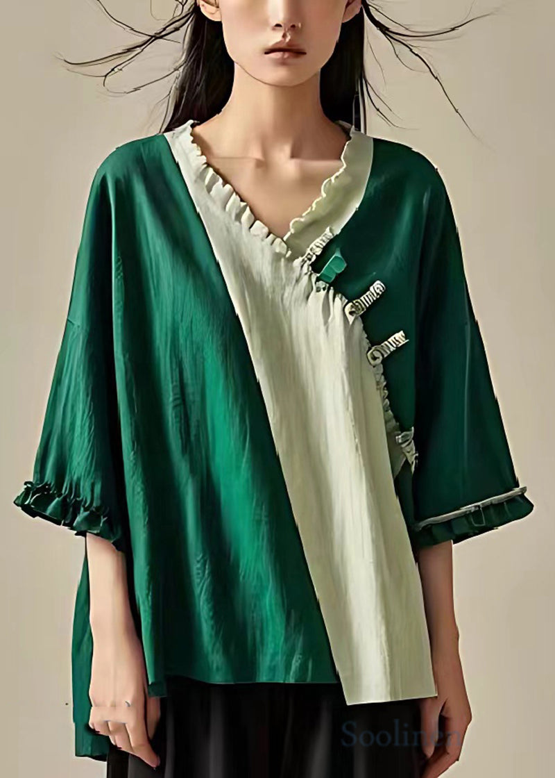 Green Oversized Patchwork Ruffled Linen Shirt Summer