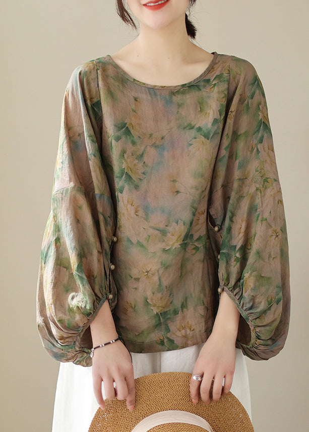 Green Oversized Print Cotton Blouse Top Fall