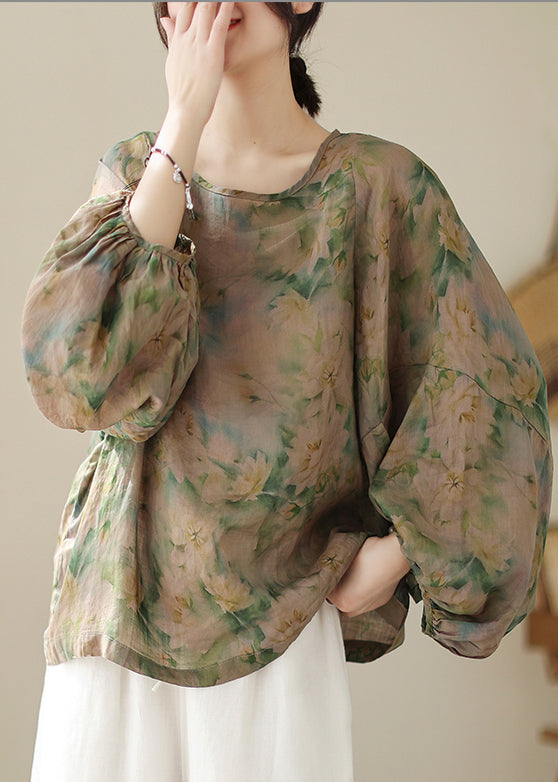 Green Oversized Print Cotton Blouse Top Fall