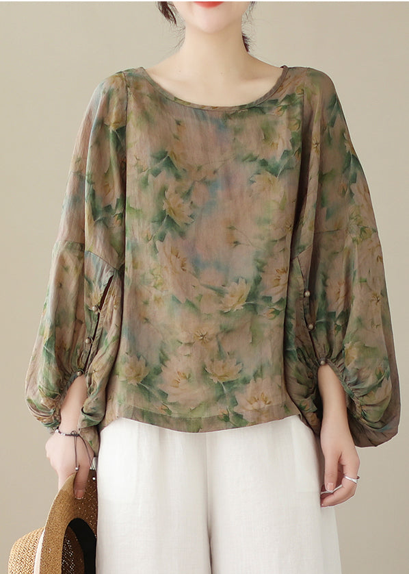 Green Oversized Print Cotton Blouse Top Fall