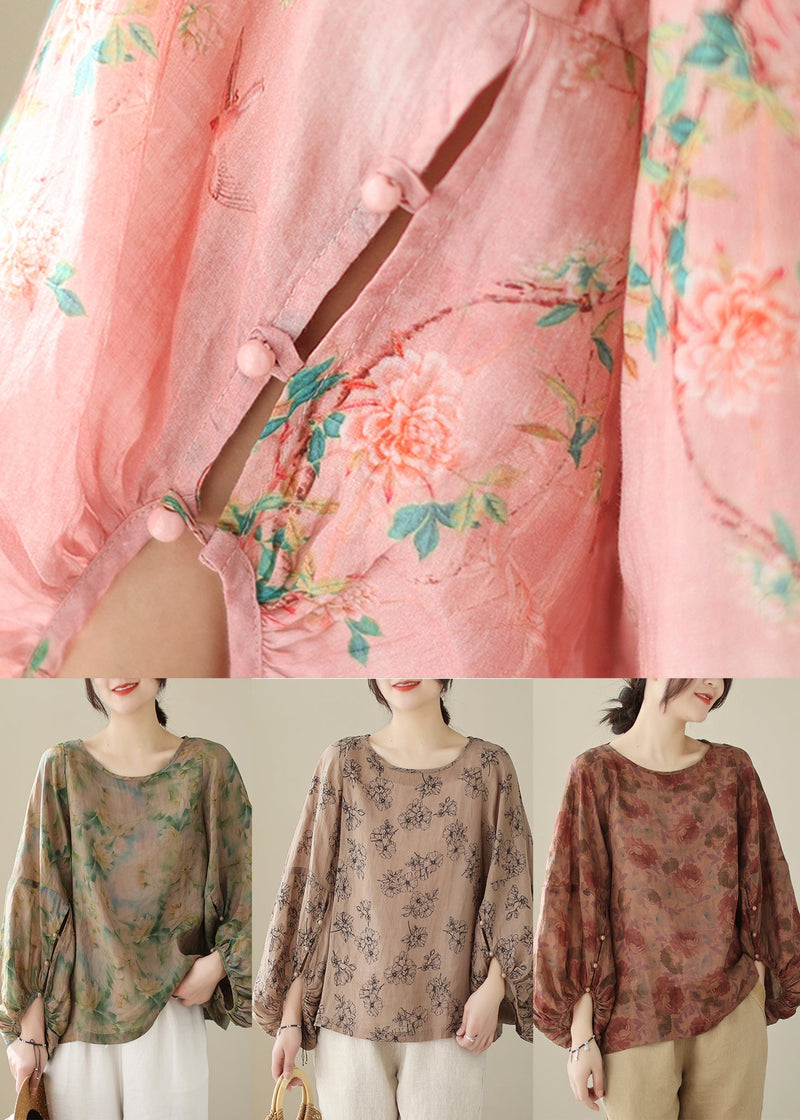 Green Oversized Print Cotton Blouse Top Fall