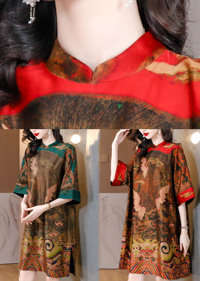 Green Oversized Print Silk Chinese Style Dress Half Sleeve