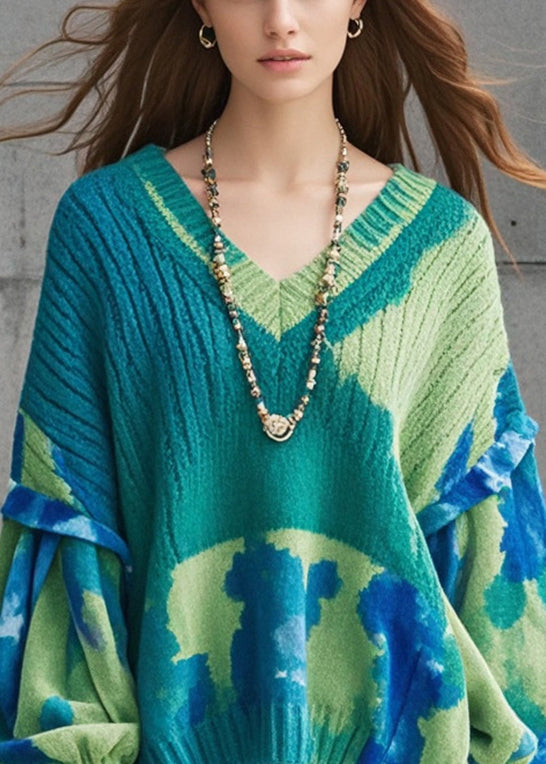 Green Oversized Tie Dye Knitted Tops Lantern Sleeve