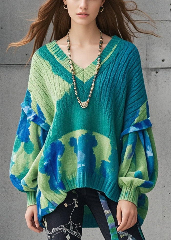 Green Oversized Tie Dye Knitted Tops Lantern Sleeve