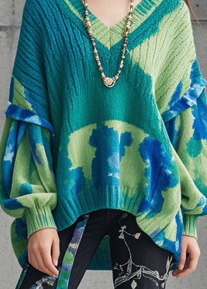 Green Oversized Tie Dye Knitted Tops Lantern Sleeve