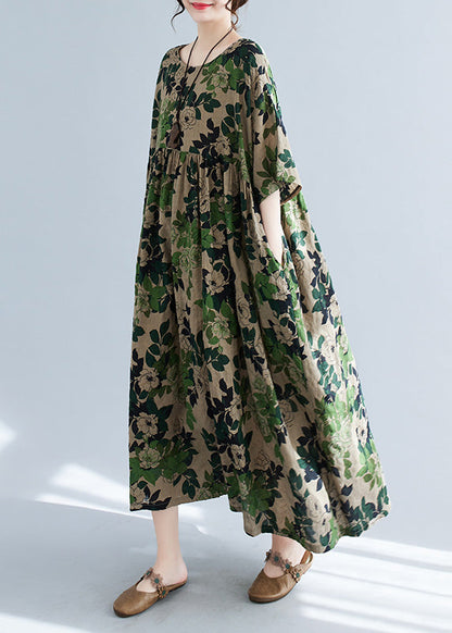 Green Patchwork Print Cotton Maxi Dress Short Sleeve