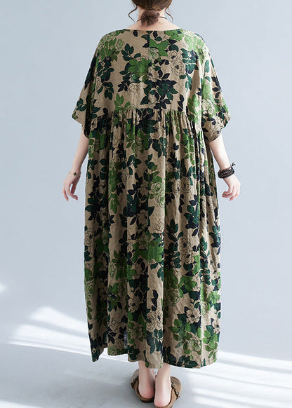 Green Patchwork Print Cotton Maxi Dress Short Sleeve