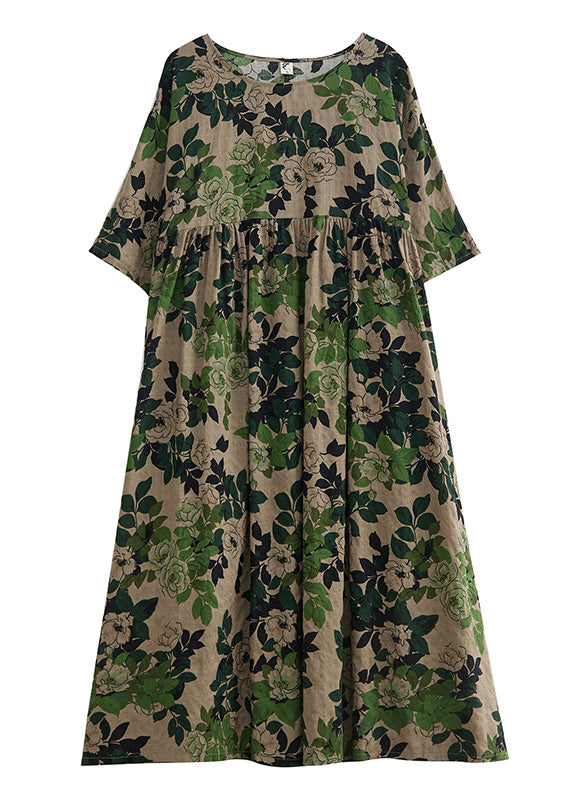 Green Patchwork Print Cotton Maxi Dress Short Sleeve