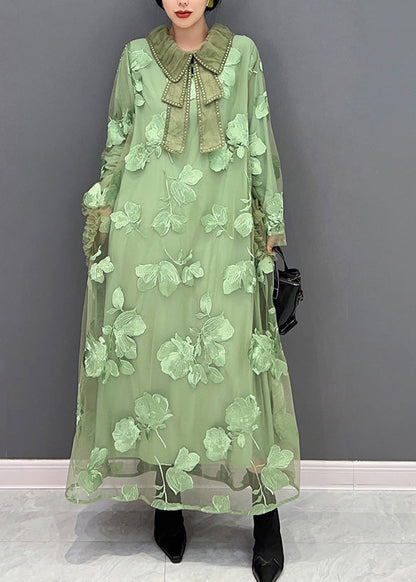 Green Peter Pan Collar Embroideried Patchwork Tulle Long Dresses Long Sleeve