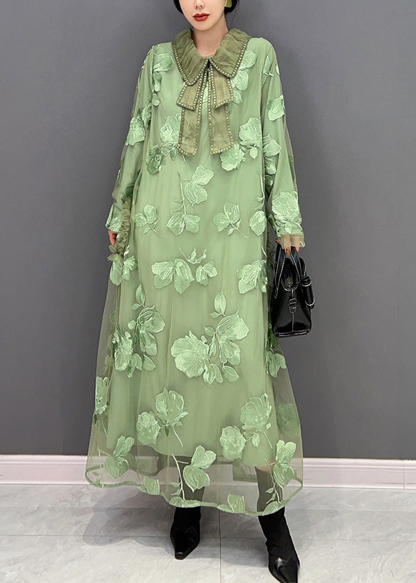 Green Peter Pan Collar Embroideried Patchwork Tulle Long Dresses Long Sleeve