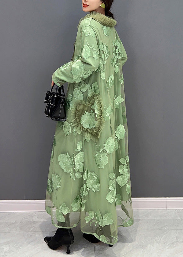 Green Peter Pan Collar Embroideried Patchwork Tulle Long Dresses Long Sleeve