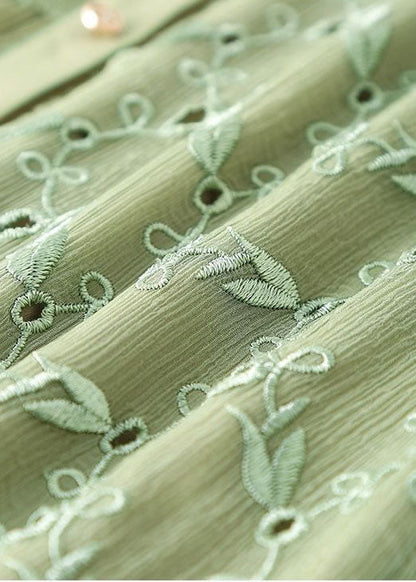 Green Peter Pan Collar Embroideried Patchwork Wrinkled Silk Long Dresses Long Sleeve