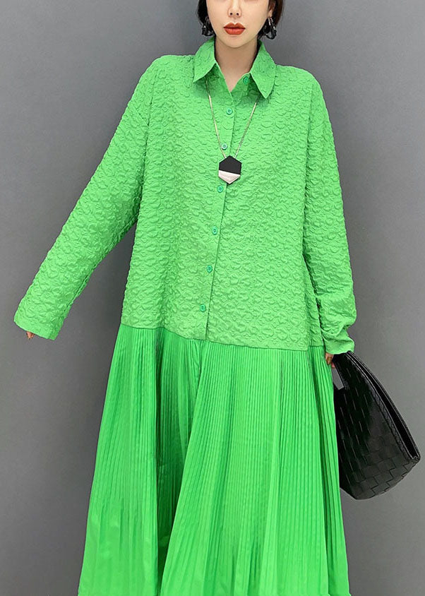 Green Peter Pan Collar Patchwork Jacquard Pleated Dress Spring