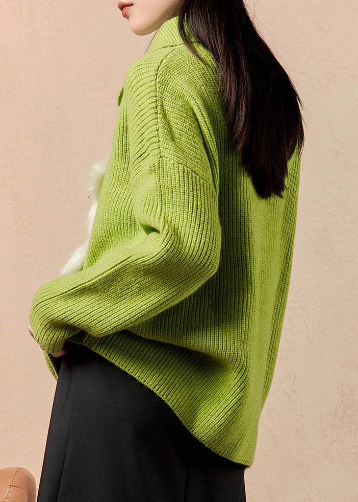 Green Peter Pan Collar Patchwork Knit Sweaters Winter