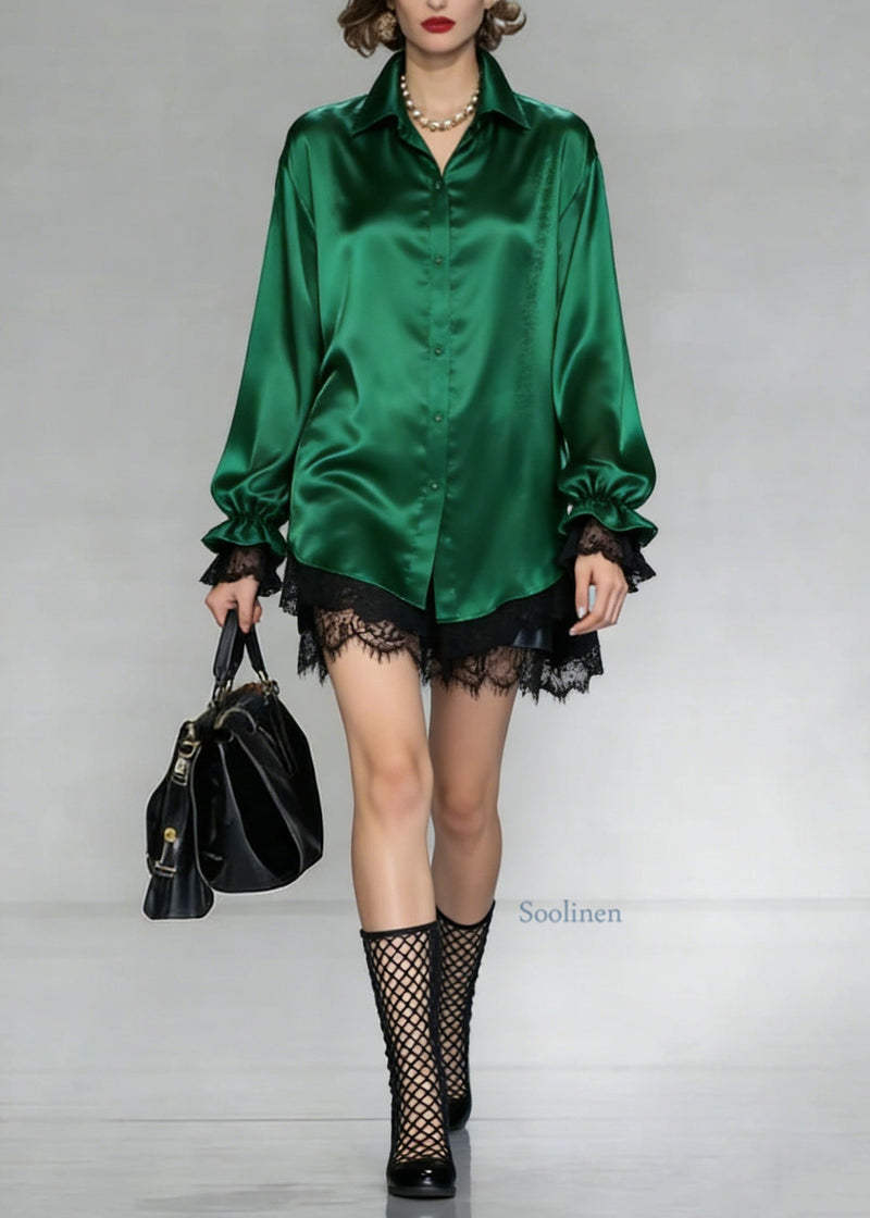 Green Peter Pan Collar Patchwork Silk Shirt Spring