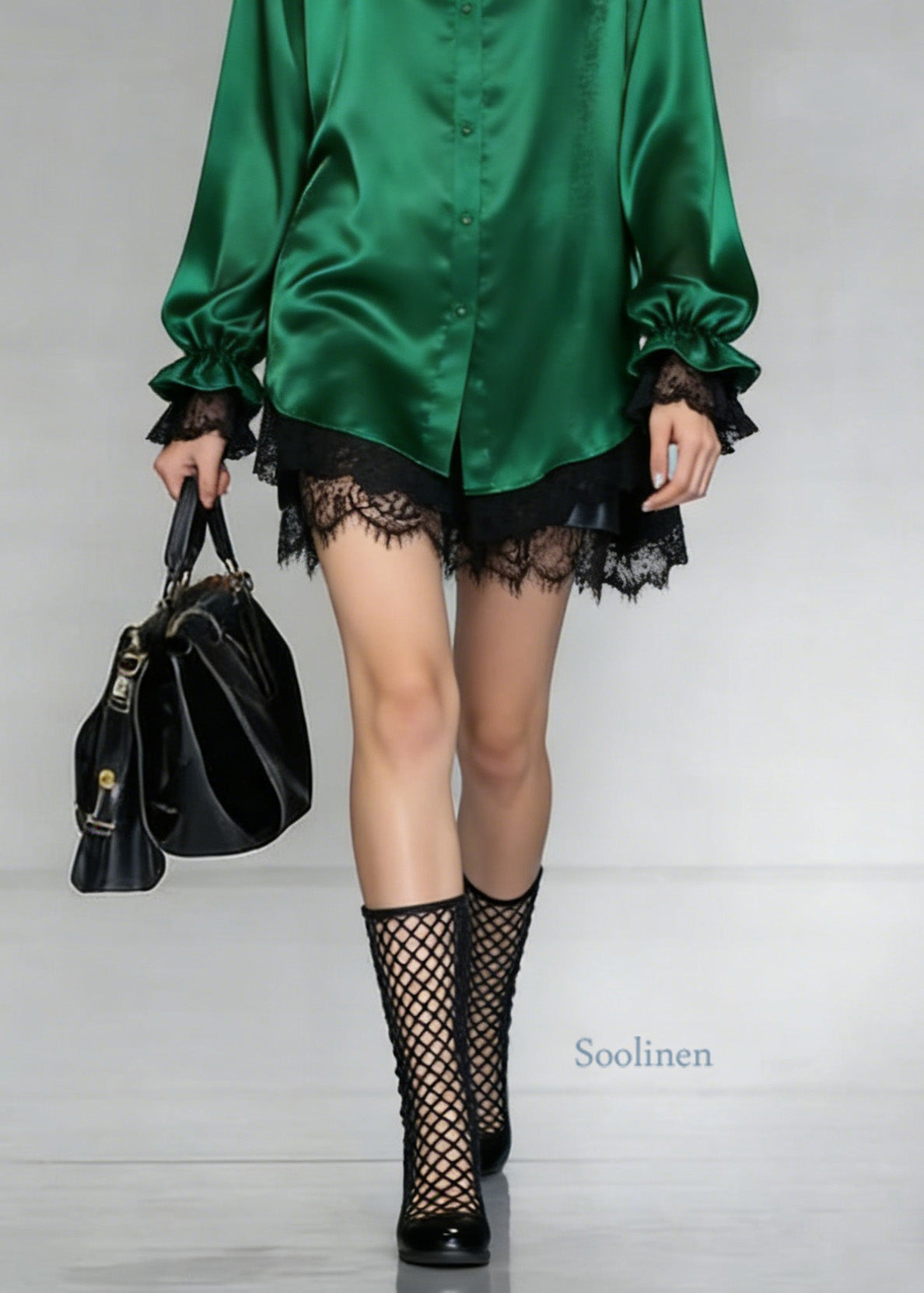 Women Green Peter Pan Collar Patchwork Silk Shirt Spring