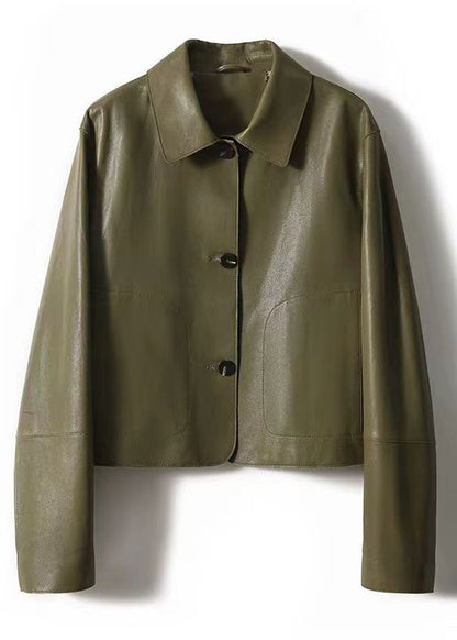 Green Peter Pan Collar Pockets Patchwork Sheepskin Coats Fall