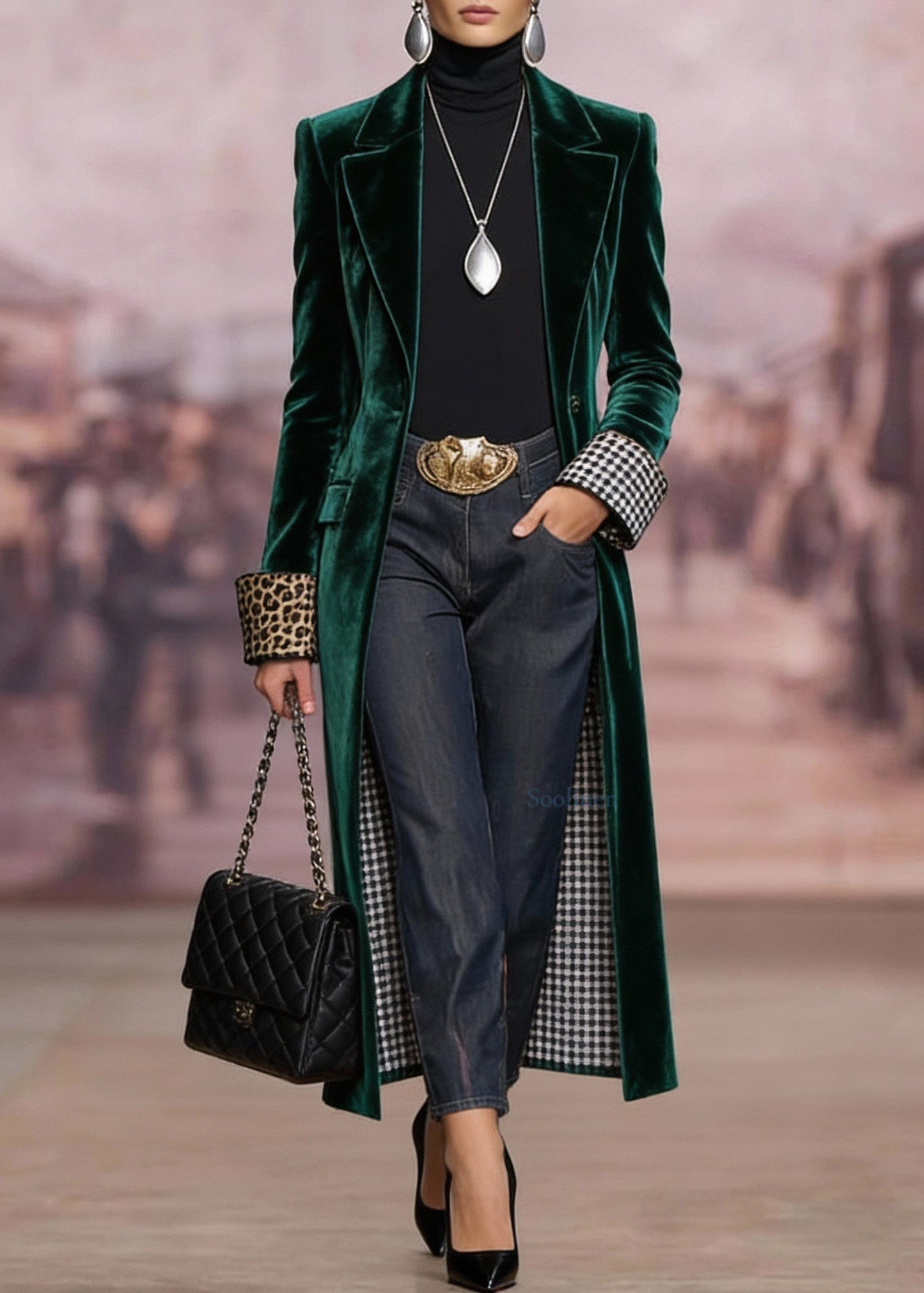 Green Peter Pan Collar Pockets Velvet Coat Spring