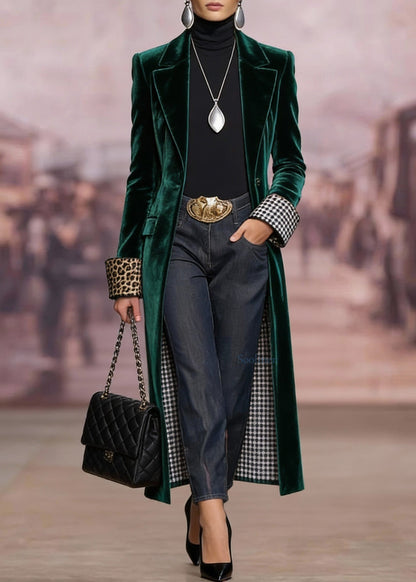 Green Peter Pan Collar Pockets Velvet Coat Spring