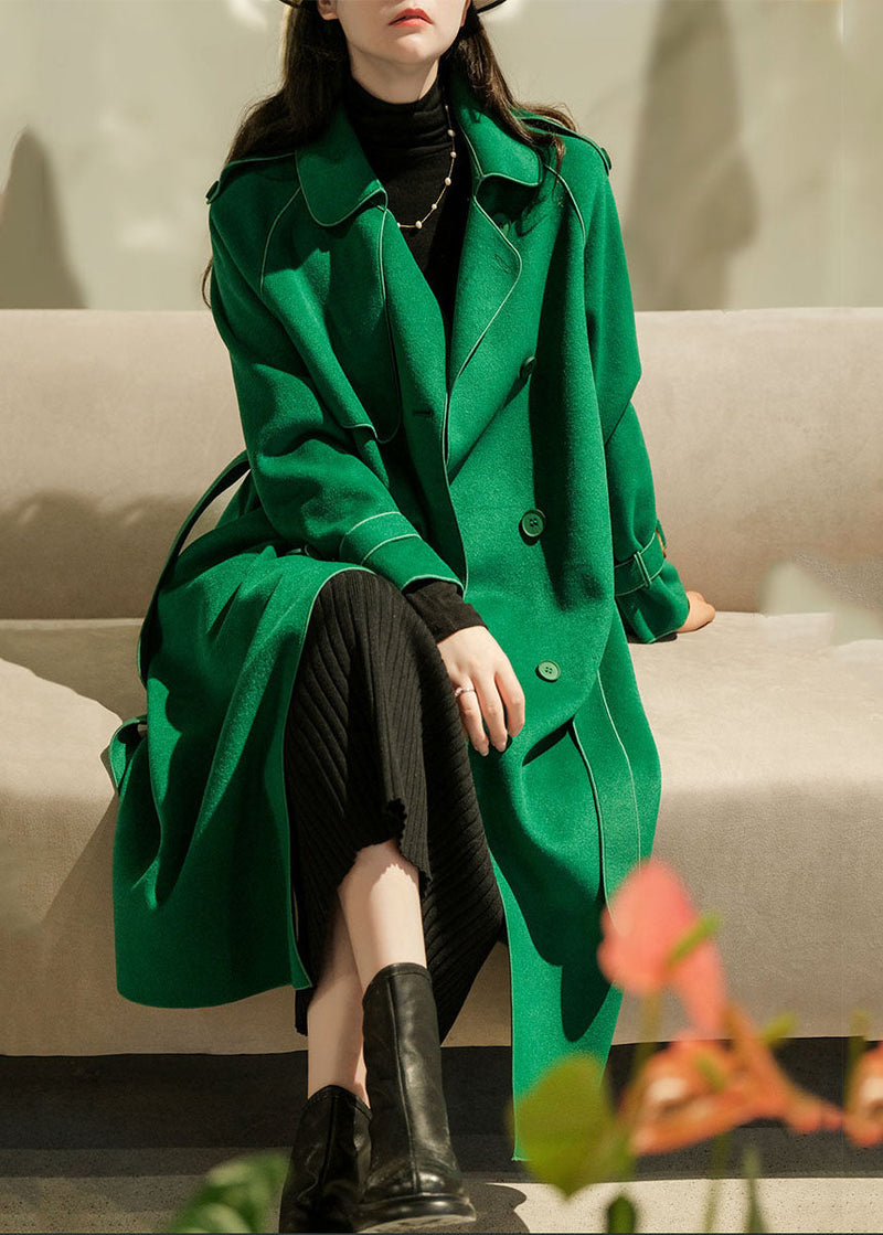Green Peter Pan Collar Color Woolen Trench Coats Winter