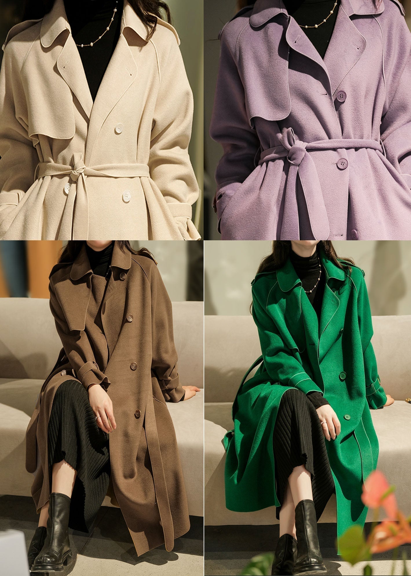 Green Peter Pan Collar Color Woolen Trench Coats Winter