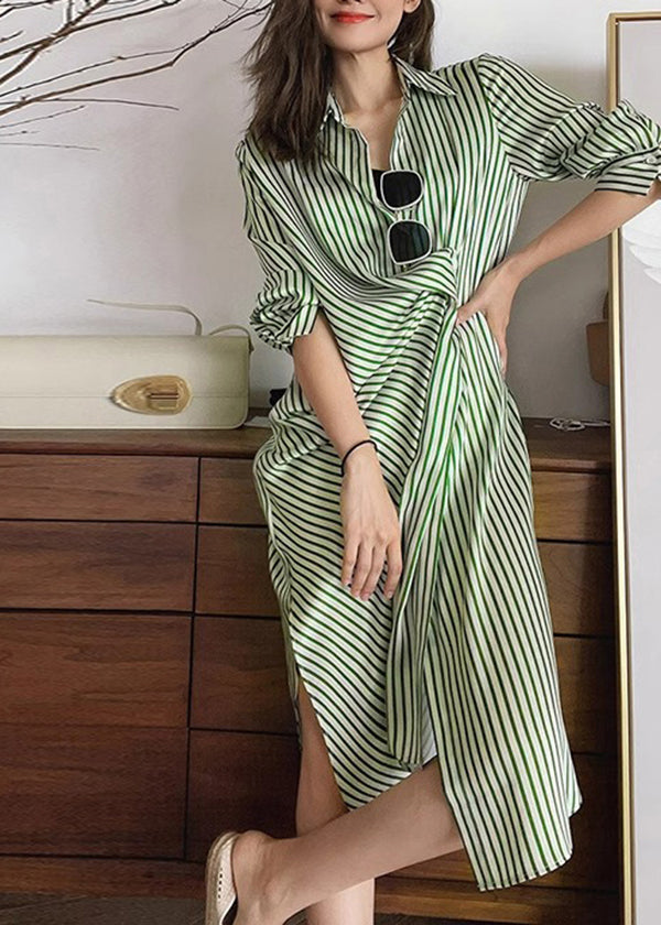 Green Peter Pan Collar Striped Cotton Shirts Dresses Fall