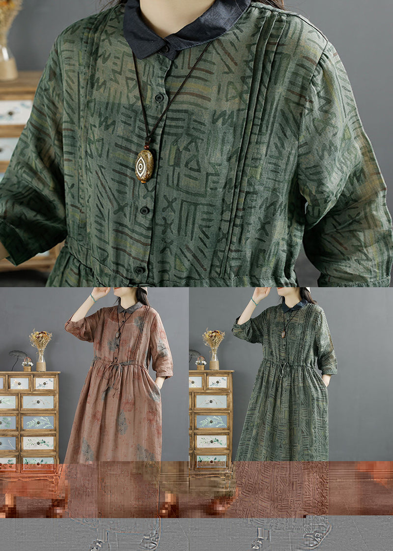 Green Peter Pan Collar Wrinkled Print Patchwork Linen Dress Summer