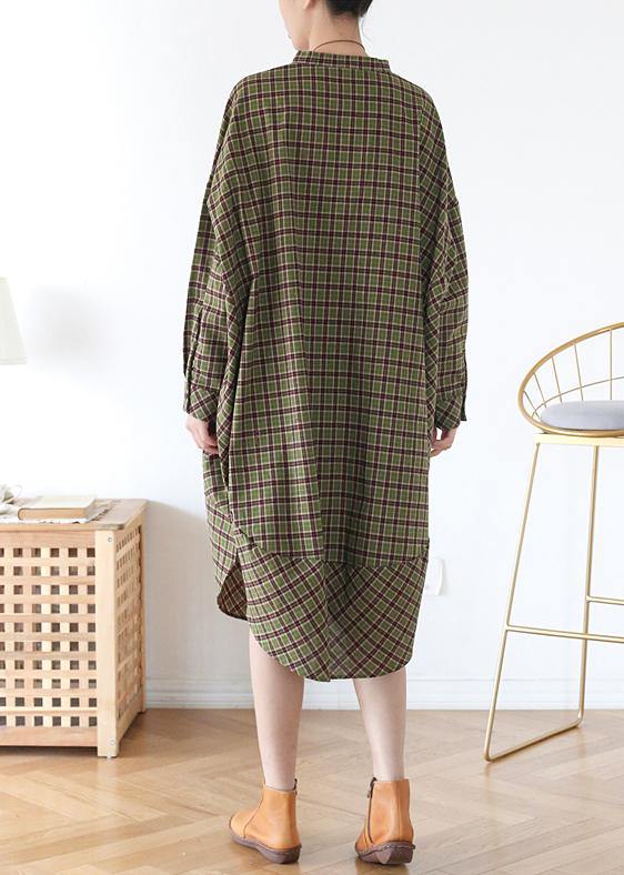 Green Plaid Long Shirt Mid Spring Cotton Dress