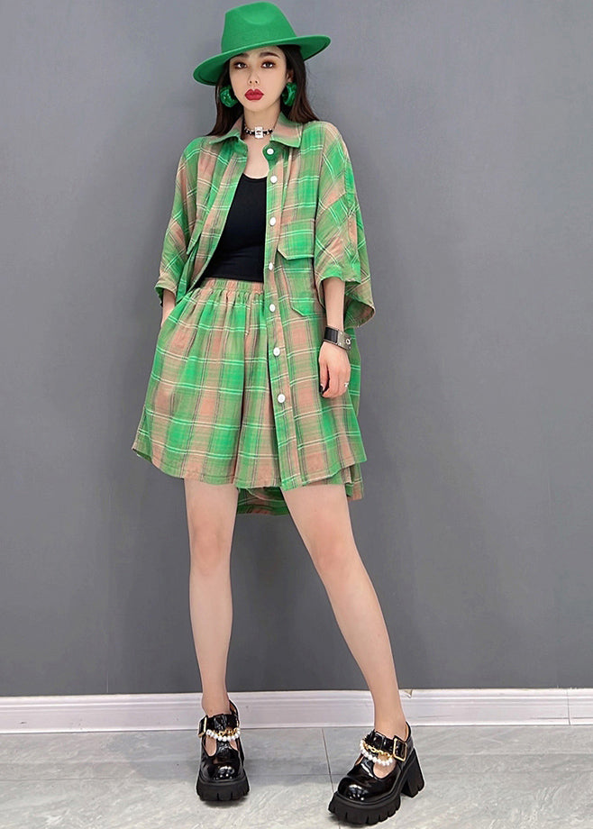 Green Plaid Pockets Cotton Linen Loose Shirt and Shorts Two Pieces Set Summer