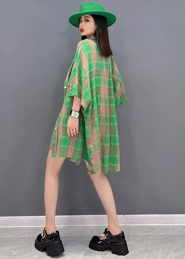 Green Plaid Pockets Cotton Linen Loose Shirt and Shorts Two Pieces Set Summer