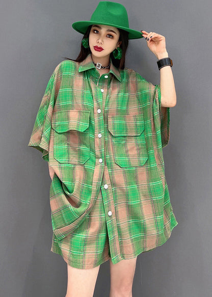 Green Plaid Pockets Cotton Linen Loose Shirt and Shorts Two Pieces Set Summer