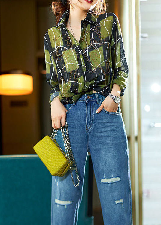 Green Plaid Zircon Patchwork Cotton Blouses Spring