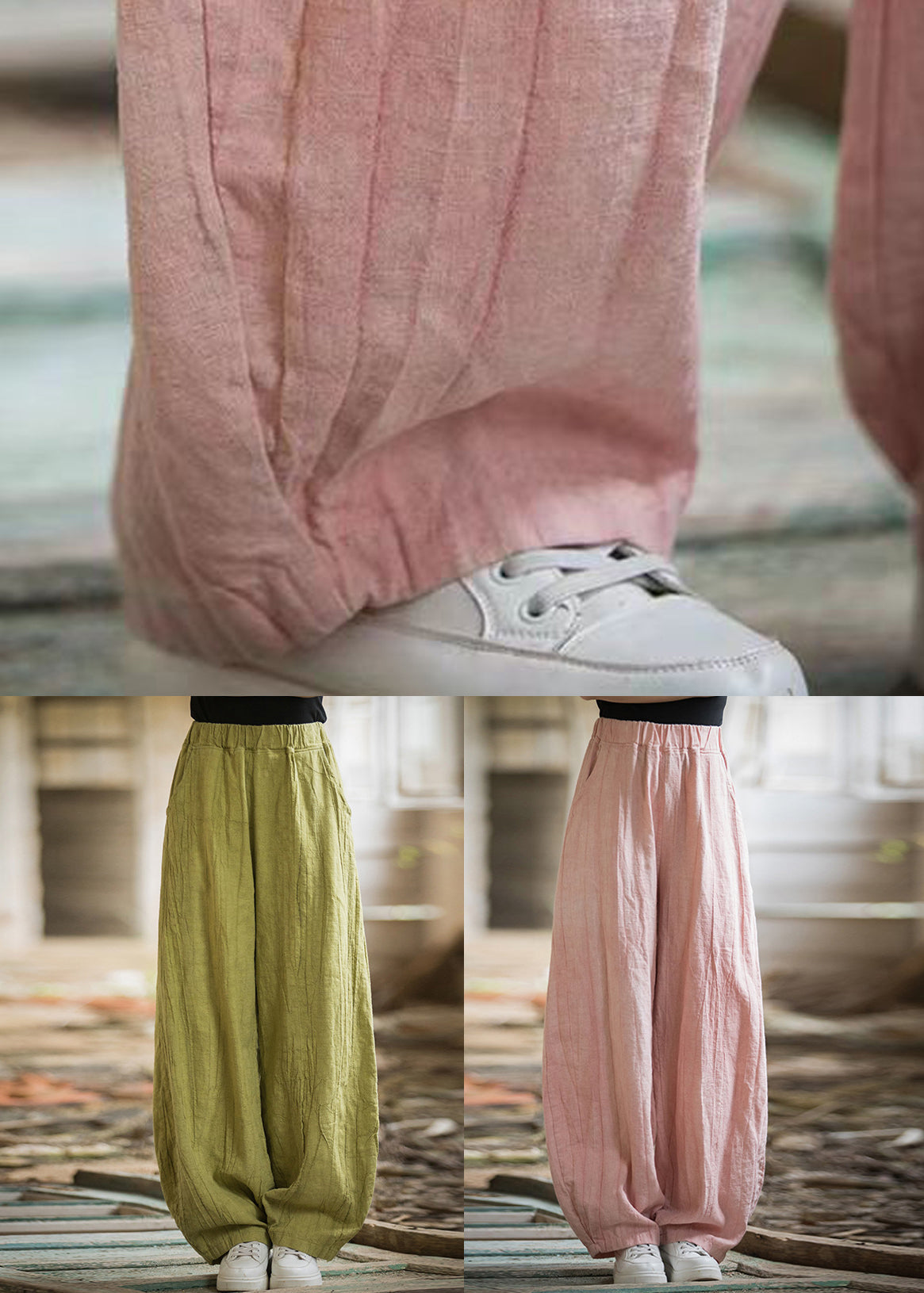 Green Pockets Elastic Waist Linen Pants Summer