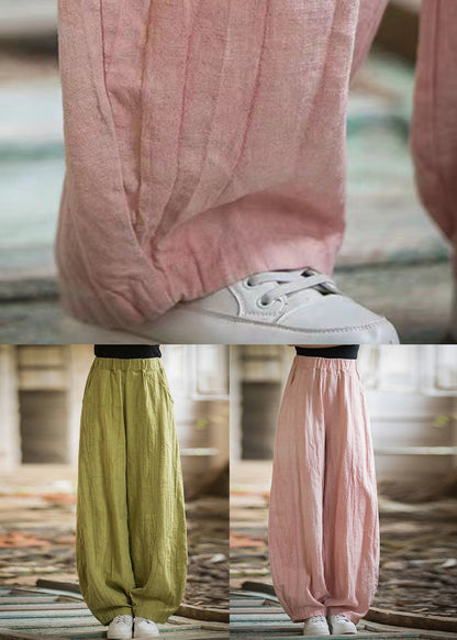 Green Pockets Elastic Waist Linen Pants Summer
