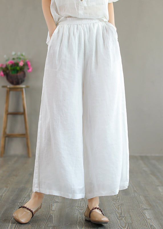 Green Pockets Elastic Waist Linen Wide Leg Pants Summer