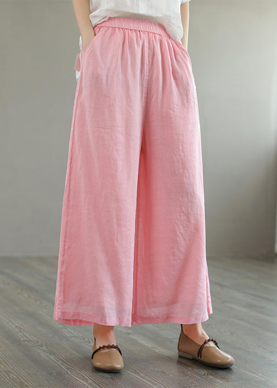 Green Pockets Elastic Waist Linen Wide Leg Pants Summer