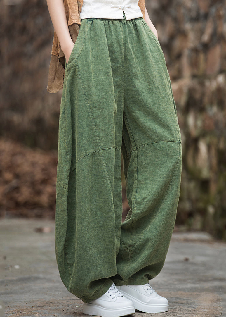 Green Pockets Elastic Waist Patchwork Linen Pants Fall