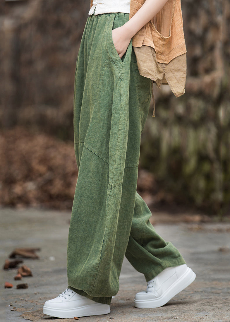 Green Pockets Elastic Waist Patchwork Linen Pants Fall