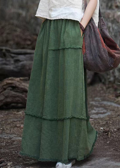 Green Pockets Raw Edge Patchwork Linen Skirt Spring