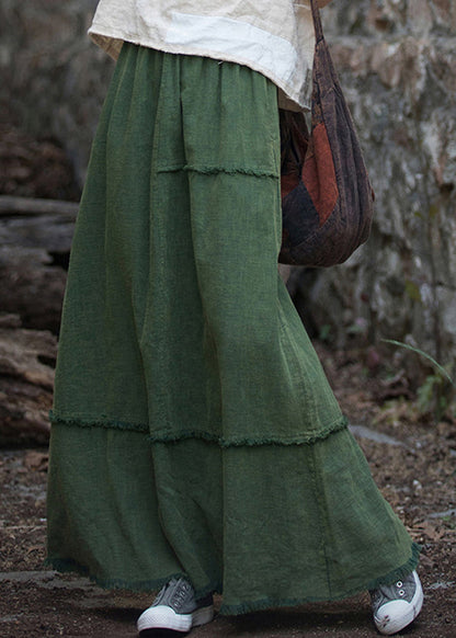 Green Pockets Raw Edge Patchwork Linen Skirt Spring