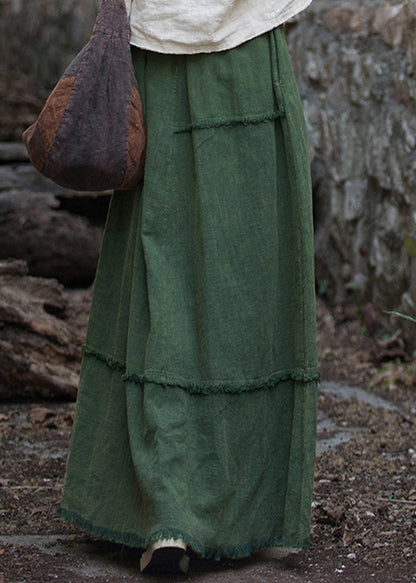 Green Pockets Raw Edge Patchwork Linen Skirt Spring