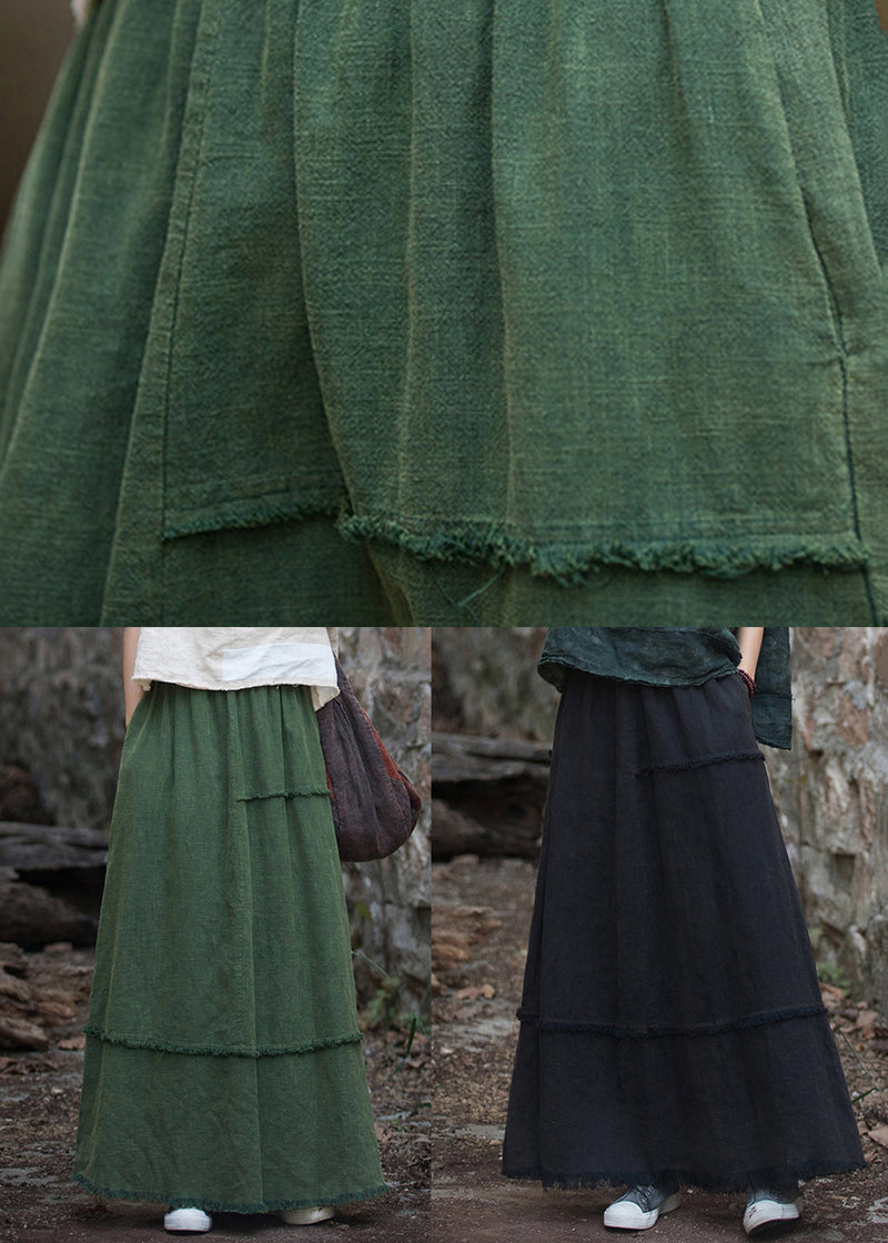 Green Pockets Raw Edge Patchwork Linen Skirt Spring
