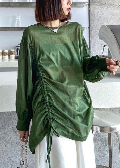 Women Green Pockets drawstring Long sleeve Summer Tops